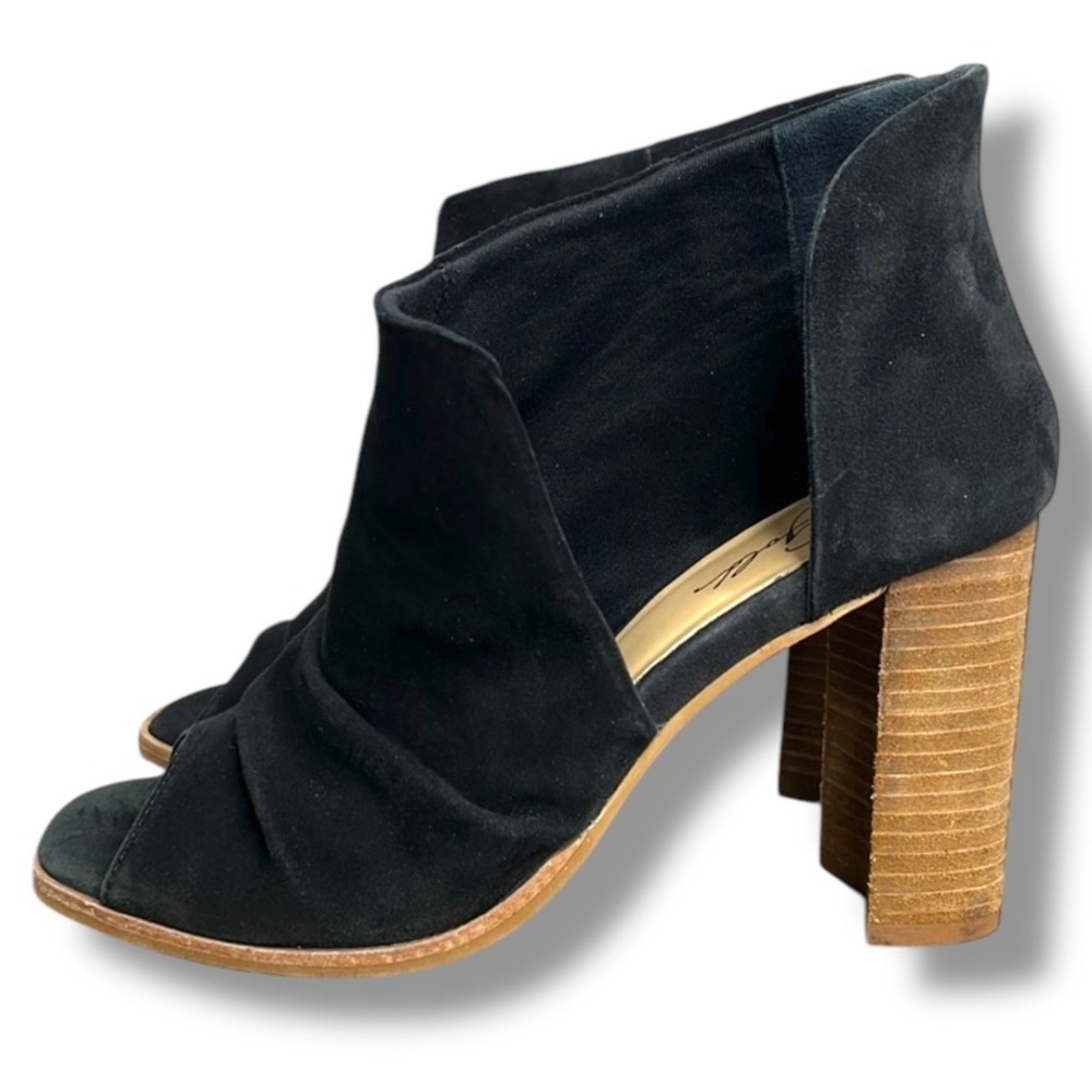 42 Gold Womens Loyalty Open Toe Bootie Size 9 Black Suede Block Heel Slouchy